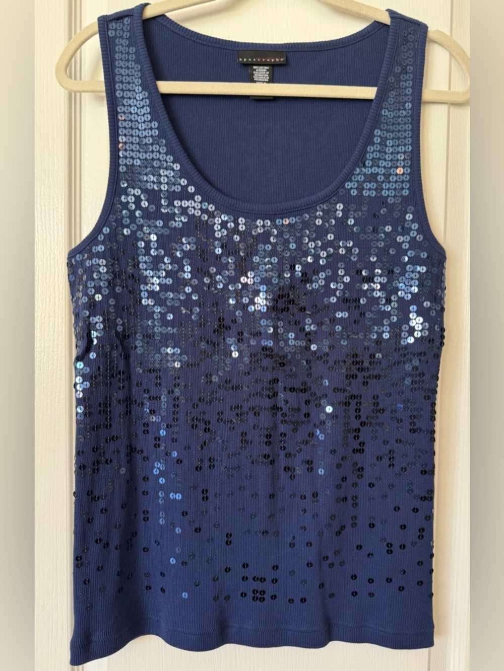 Apostrophe Blue Sequin Tank Top XL Sleeveless Ribbed Stretch Party Holiday